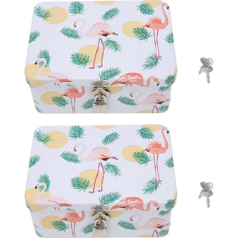 Boîte de rangement en fer blanc 2 pièces, motif flamant rose et feuilles, rectangulaire avec serrures et clés, polyvalente pour maison et bureau (1/5)