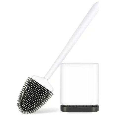 Brosse WC Silicone, Brosse de Toilette Silicone et Support, Balayette WC Suspendu Plate à Séchage Rapide avec Manche Long, Balai Toilette Salle de Bain, Autoportant/Mural, Blanc Mat (1/4)