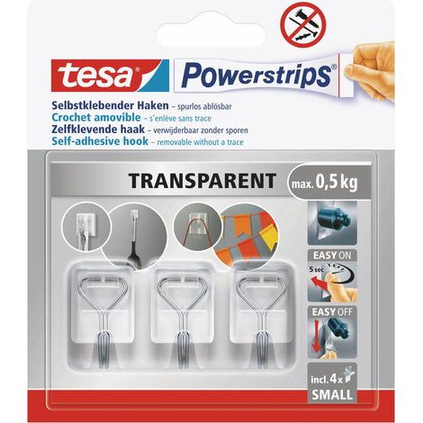 tesa Powerstrips Klebehaken Small - selbstklebende Haken mit abnehmbarem Drahthaken - wiederverwendbare Wandhaken für Bad oder Küche - Montage ohne Bohren - Transparent - 3 x Haken, 4 x Powerstrips (1/5)