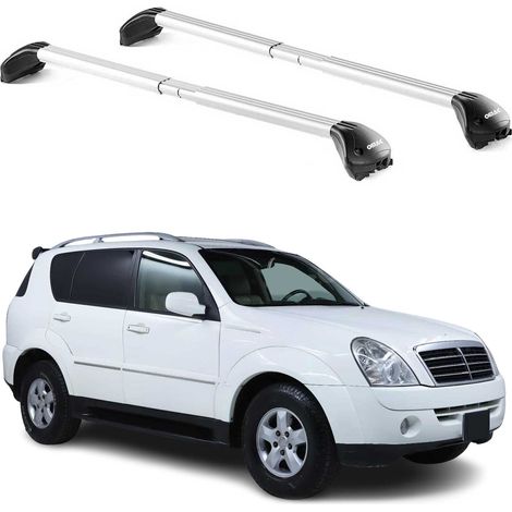 OMAC Barres de toit transversales certifiées TÜV pour Ssangyong Rexton 2006-2017 – Verrouillables (4 antivols) – Charge max 100 kg – Sangle inox + protection caoutchouc Argent (1/5)