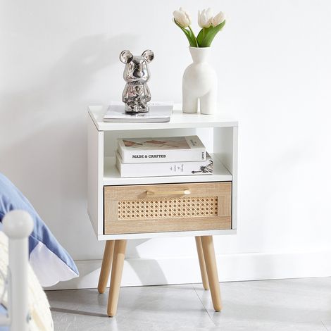 Table d'appoint en rotin avec tiroir et pieds en bois massif, table de chevet moderne pour salon et chambre, blanc - H55/L40/P30 cm (1/5)
