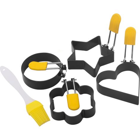 Juego de 4 aros para huevos, aros antiadherentes para huevos, molde redondo para huevos con mango de silicona anti-quemaduras, molde para sándwiches de desayuno con brocha de aceite. (1/5)