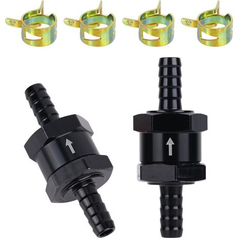 Lot de 2 clapets anti retour unidirectionnels en alliage d'aluminium de 8 mm de diamètre extérieur avec colliers de serrage pour essence, essence, diesel, huile, eau (noir) (1/5)