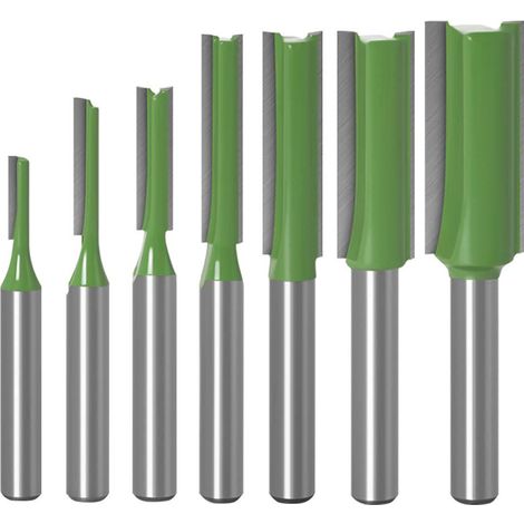 Satz von 7 Hartmetall-Nutfräsern, 6 mm, Doppel- und Einzelschnitt, Durchmesser 3 bis 12 mm, für Holz, grün.