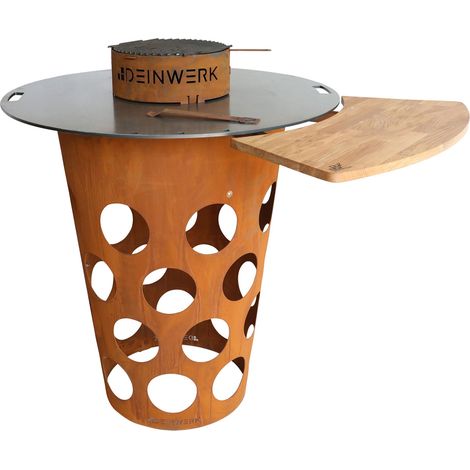 DEINWERK Dubbefass Grillfass aus Corten mit Feuerplatte, Wokaufsatz und Anstecktisch (1/5)