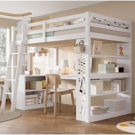 Hochbett 90x200 cm weiß aus Massivholz und MDF mit Ablageregal, Sicherheitsgeländer und Schrägleiter (1/5)