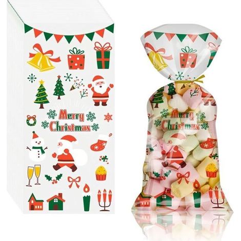 50 pcs sachet bonbons anniversaire Noël, sachet plastique bonbon, boite cadeau noel, sachets transparents pour biscuits, sacs de biscuits pour chocolat, transparent (1/4)