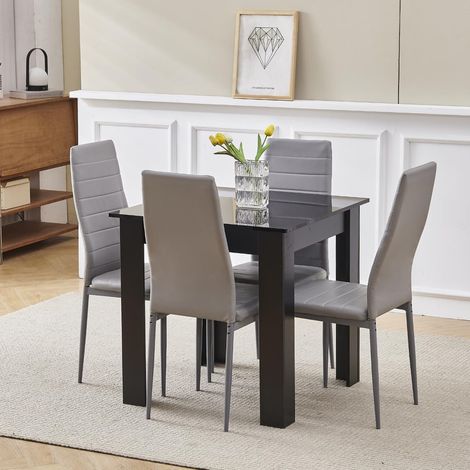 75x75cm Square Dining Table and Chairs Set, Small Dining Room Set High Gloss Dining Table with Chairs Home Furniture (Grey Faux Leather, Black Table with 4 Chairs) (1/5)
