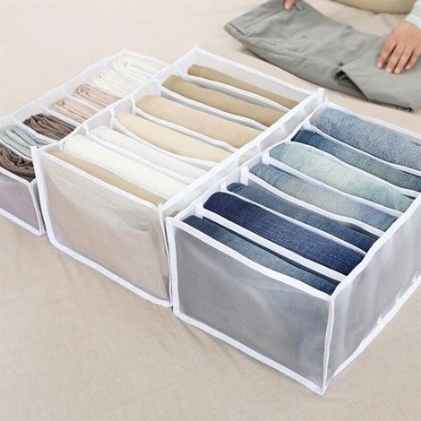 Boîte de rangement de tiroir avec compartiments pour jeans, armoire, tiroir, cloison de séparation en maille, pour jean, blanche, 7 grilles (1/4)