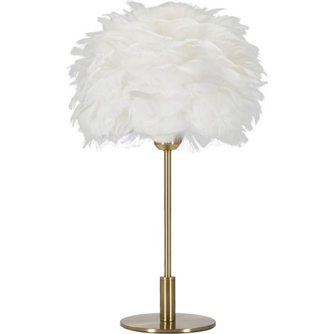 Lampada da tavolo Ball Feather con sfera di piume bianche e stelo oro