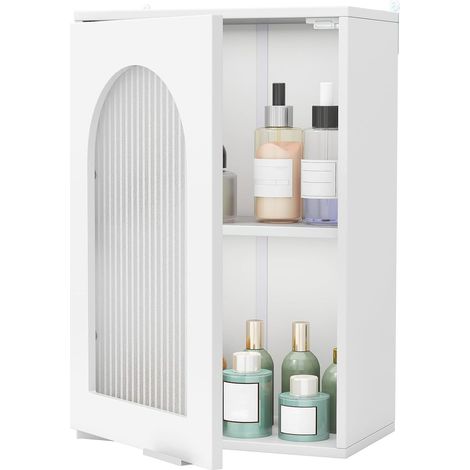GOPLUS Armoire Salle de Bain, Armoire de Rangement Murale avec Porte en Verre Trempé Canne, Organisateur de Rangement au-Dessus des Toilettes avec Étagère Réglable pour Salon Buanderie, Blanc (1/5)