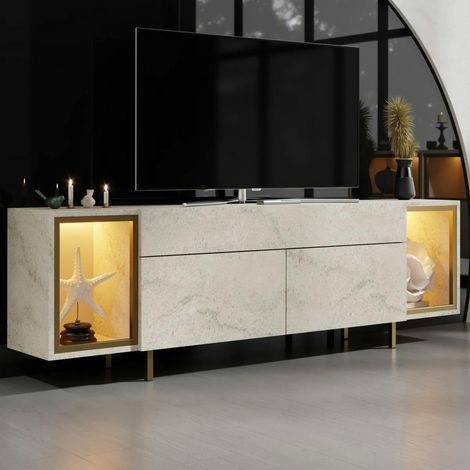 Meuble TV décor travertin et doré 2 portes 2 niches LED AURA