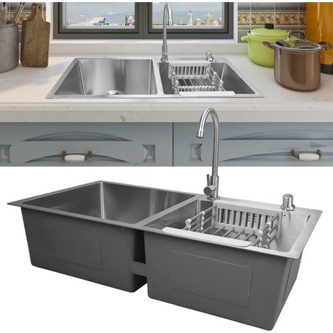 Évier de cuisine double bassin professionnel moderne élégant avec robinet et distributeur de liquide vaisselle - Stainless Steel (1/4)