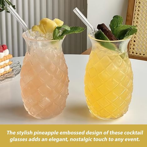 Lot de 4 verres à cocktail : 480 ml, verres ananas, gobelets à cocktail pour bar, fête, jus de vin, verres à ananas Verre à cocktail transparent avec relief ananas pour cocktails, verres à jus (1/2)