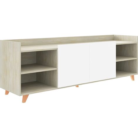 MOMMA HOME Mueble TV Salón ROAU, Mesa de televisión Acabado en Roble y Blanco, Puertas centrales. Patas de Madera, 180x53x46 cm (1/5)