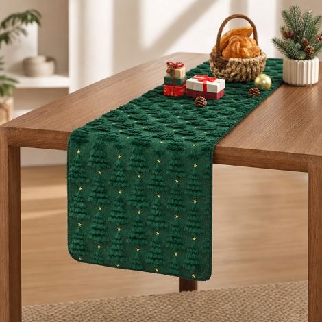 Chemin de table de Noël étoiles et sapins, vert sapin, 33 x 233 cm, polyester velouté, style nordique, long format (1/4)