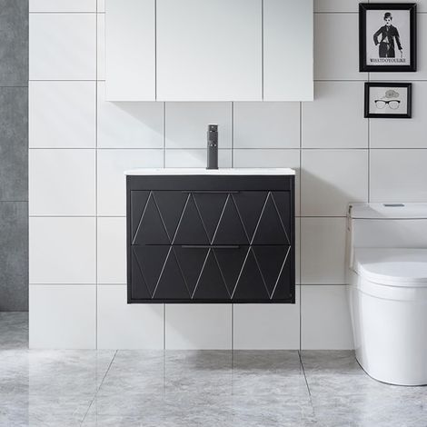 UEV Meuble sous Lavabo Suspendu 60cm, avec Lavabo en Céramique, Robinet, 2 Grands Tiroirs, Meuble Salle de Bain, Motif Ligne, Style Scandinave(Noir, 60 x 45 x 46 cm) (1/5)