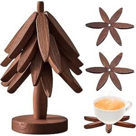 Dessous de plat pliable en forme d'arbre, dessous de plat en bois pour plats chauds, dessous de plat pour plats chauds, dessous de plat réutilisables en bois de noyer noir restaurant (1/5)