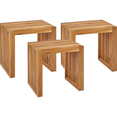 Conjunto de 3 taburetes modernos rústico sillas jardín de madera de acacia clara Bellano