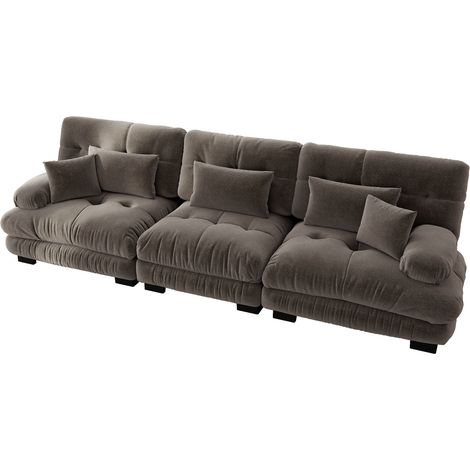Canapé d’angle modulaire 3 places à assise profonde, canapé-lit en chenille, confortablement rembourré pour salon, appartement, studio, bureau, chenille marron (1/5)