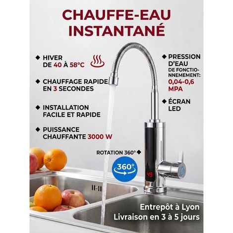Chauffe-eau instantané à robinet électrique, écran LED, 360° tuyau pivotant, protection surchauffe, pour cuisine salle de bain douche (1/5)