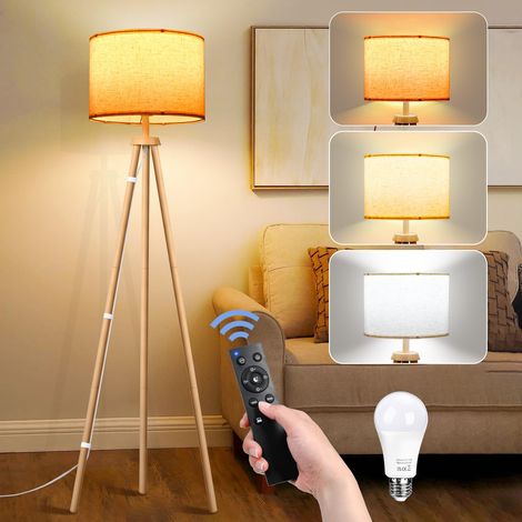 Lampadaire Trépied LED Dimmable, Ampoule E27 12W Fournie Lampe sur Pied en Bois avec Télécommande et Interrupteur à Pied, 3 Températures de Couleur Lampadaire Salon (1/5)