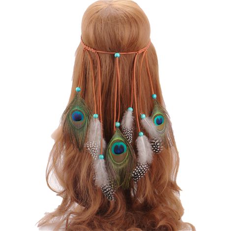 Diadema de pavo real adornada con coloridas cuentas, estilo bohemio, hecha de cuerda de cáñamo y plumas, para mujeres y niñas. (1/5)