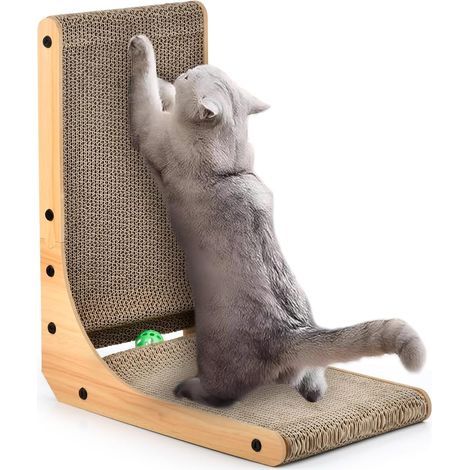 Griffoir pour Chat en Forme de L, Griffoirs pour Chats de 47cm de Haut avec Jouets en Balle et Herbe à Chat, Haute Qualité Griffoirs en Carton, Grattoir pour Chats en Carton pour Coin Mural (1/5)