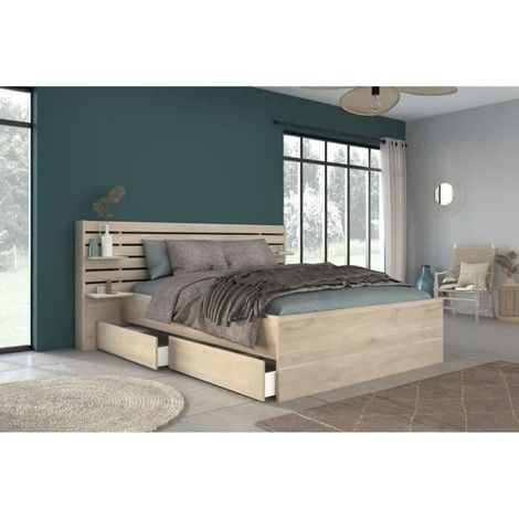 Lit adulte 160x200 cm avec 2 tiroirs – Décor chêne du Japon – Tête de lit incluse – Dimensions L222,8 x H98,2 x P216,8 cm – Parisot (1/5)