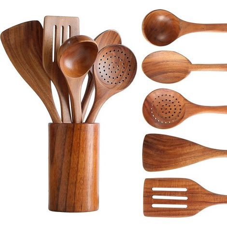 Set di 6 utensili da cucina in legno - Pentole con manici comodi e supporto (1/5)