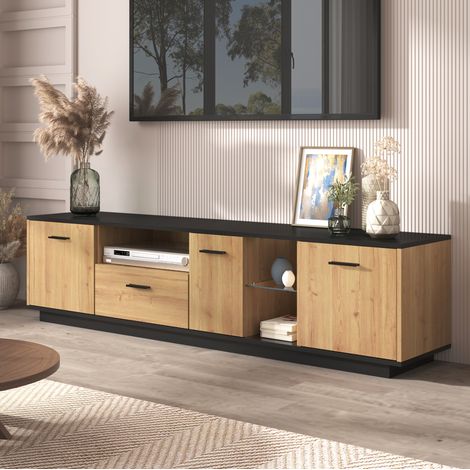 TV-Schrank MDF Schwarz/Holzoptik 180,0 x 37,0 x 45,0 cm mit 3 Türen, 1 Schublade, Glasfächern und LED-Beleuchtung (1/5)