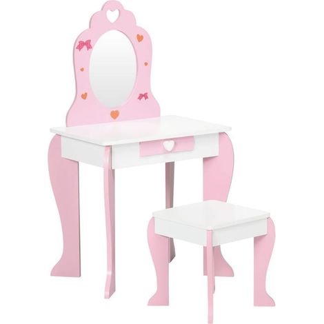 SET TAVOLO TRUCCO CON SGABELLO. SPECCHIO E CASSETTO PER BIMBI 3-6 ANNI. BIANCO E ROSA (1/5)