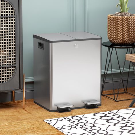 Pattumiera da cucina in acciaio inox con 2 scomparti, 2x20 litri, coperchi con chiusura ammortizzata a pedale e secchio rimovibile, colore argento.