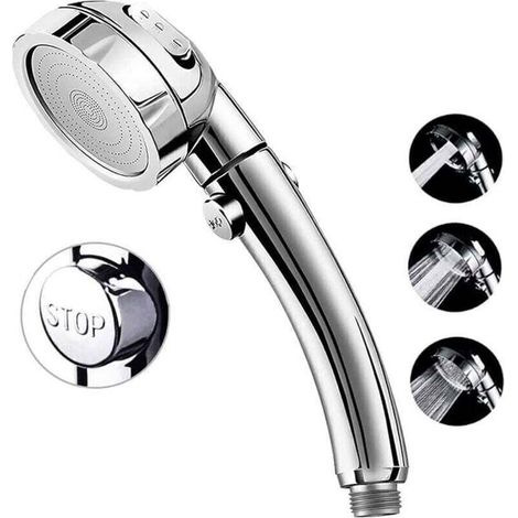 Pommeau de douche haute pression, pomme de douche à main à 3 réglages avec bouton poussoir d'arrêt complet marche/arrêt et interrupteur pour contrler le débit, jets corporels à économie d'eau à angle (1/4)