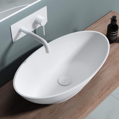 doporro Lavabo da Appoggio, Lavandino Bagno 62.5x34.5x17.5cm, Lavabo Ovale da Minerale Fuso Colossum807, Biano Opaco (1/5)