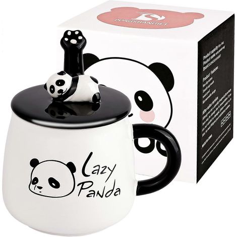 Mug Panda Lazzy - Mug à café mignon en céramique avec couvercle panda 3D et cuillère - 44 cl - Mug à café panda 3D - Idée cadeau originale pour les fans de panda (1/5)