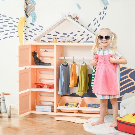 Armoire Chambre d'enfant, Meuble de rangement avec conteneurs et porte-vêtements en PE Orange, 128x34x155cm (1/5)