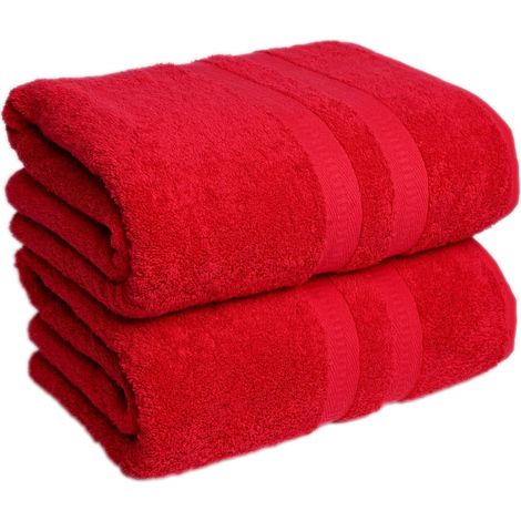 Lot de 2 draps de bain extra larges (100 x 200 cm, 600 g/m²), 100 % coton peigné égyptien, super doux, de qualité hôtelière, séchage rapide, rouge (1/4)