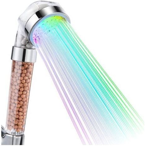 Pommeau de douche LED, douchette de salle de bain avec 7 couleurs LED, haute pression, économie d'eau, jets et double filtre anti-chlore (1/5)