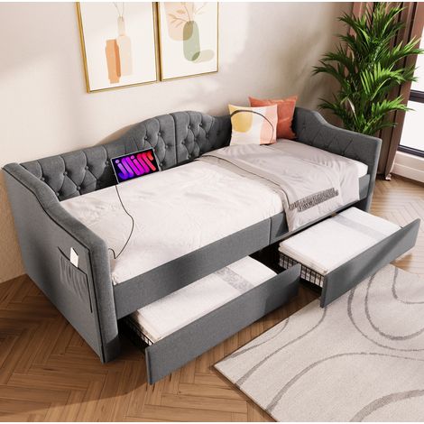 Tagesbett Leinen Grau 90x190 cm mit 2 Schubladen und USB/Type-C-Ladefunktion (1/5)