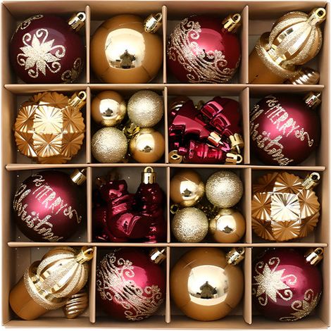 42 boules de Noël - Décoration de Noël - Boules de Noël - Décoration pour sapin de Noël - Ensemble de boules de Noël - Plastique - Rouge vin et or (1/5)