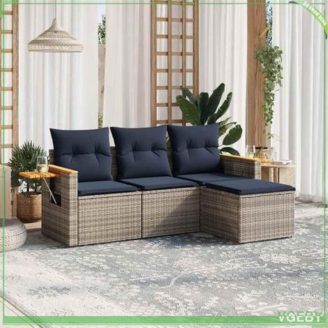 Salon de jardin - Modèle 3226747 - Résine tressée gris - Modulable 4 places - Coussins déhoussables bleu marine (1/5)
