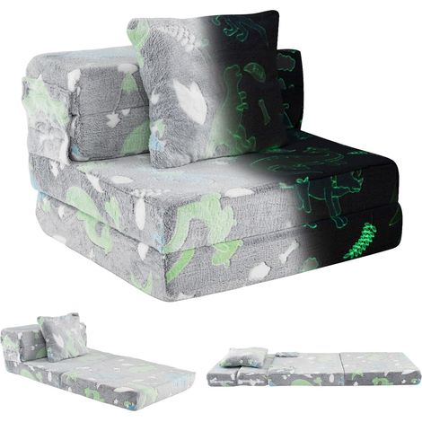 COSTWAY Canapé-lit Enfant Brillant dans Le Noir avec Motif Dinosaure & Oreiller, Matelas de Sol Pliable en Flanelle avec Housse Lavable en Machine, Canapé Modulaire pour Chambre Salle de Jeux (Gris) (1/5)