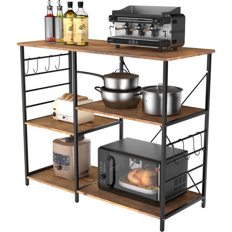 Haloyo® Mensola da cucina a 4 ripiani con 8 ganci, design industriale, mensola autoportante da appoggio realizzata in tubi metallici, 39x90x83 cm, marrone (1/5)