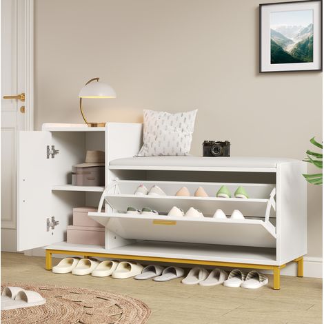 Schuhbank mit gepolstertem Sitz 100 x 38 x 68 cm, 2 Ebenen, 1 Schrank, weiß/gold HAVRYA (1/5)
