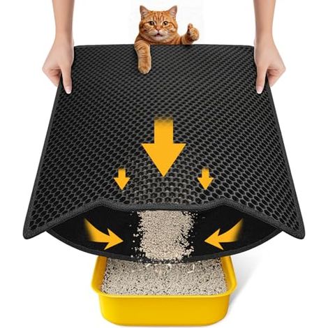 Conlun Tapis de Litière Chat 58x42cm, Double Couche Nid d'Abeille, Imperméable et Lavable, Antidérapant, Résistant à l'Urin Tapis de Litière pour Chat, Noir (1/5)