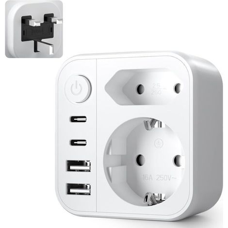 6 en 1 Adaptateur Prise Anglaise UK, Adaptateur Prise Anglaise, Prise Anglaise Adaptateur Francais avec 2 USB A, 2 Type C, 2 Prise, Type G pour UK/Irlande/Malaisie/Maldives (1/5)