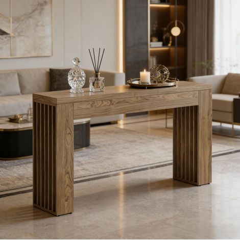 Tavolo consolle 150x40x80 cm marrone in MDF con dettagli a doghe stile farmhouse (1/5)