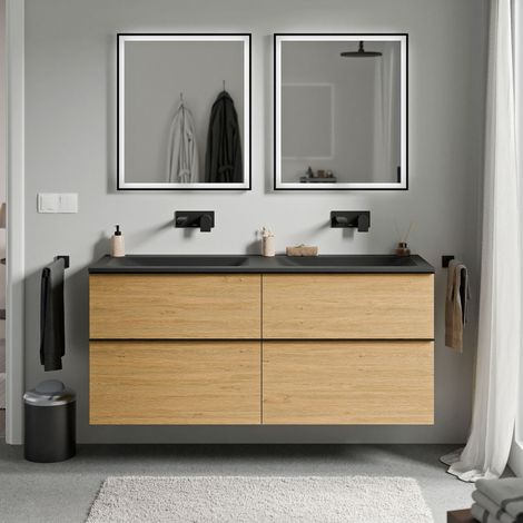 BERNSTEIN - Mobile lavabo sospeso MDF rovere miele, lavello Ghisa senza foro rubinetto e maniglia, nero opaco - 120x46x62cm - LAVOA	Nero opaco, Rovere Miele Oro, Nero opaco senza foro per rubinetto