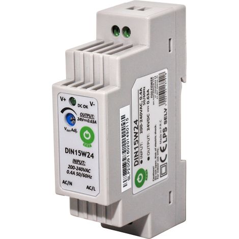 DIN15W15: Alimentatore per guida DIN 15V/1A, custodia in plastica, tipo a gradini